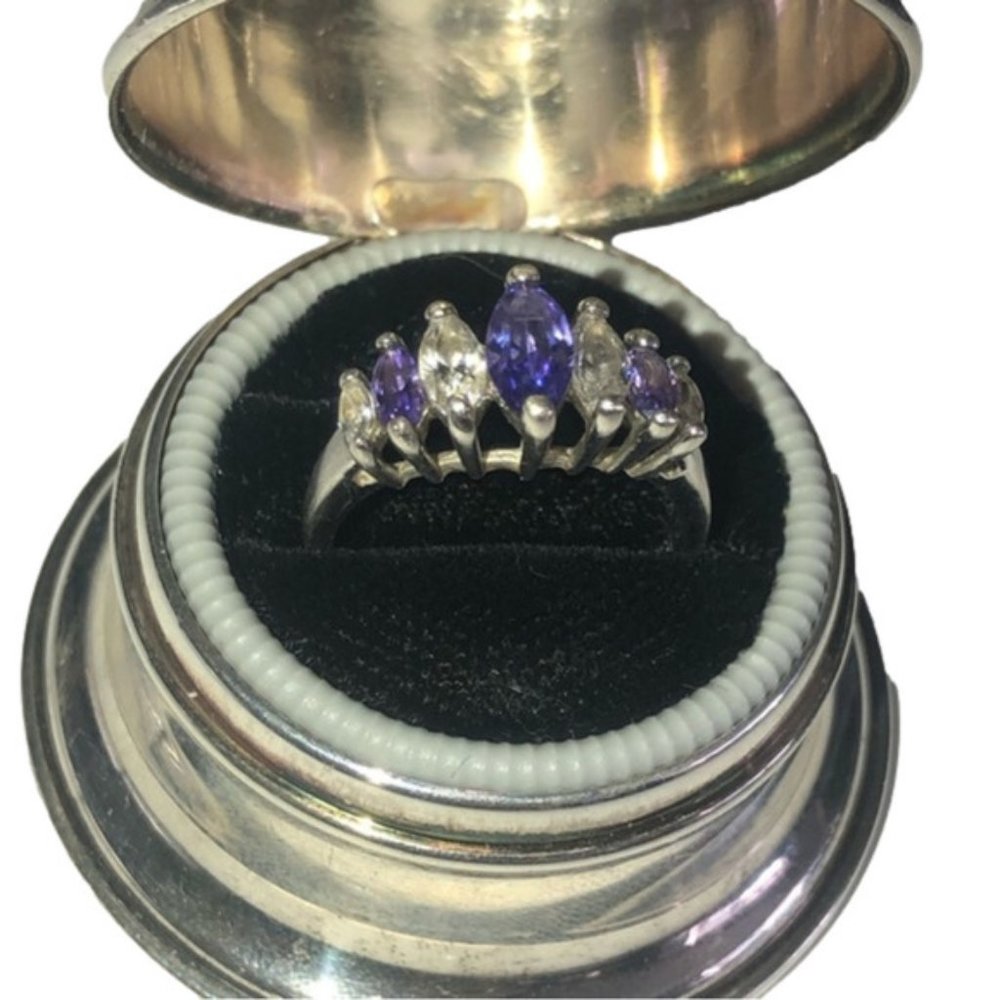 STERLING Silver Purple & Clear Stone Ring Antique Style Raised Setting Sz 7